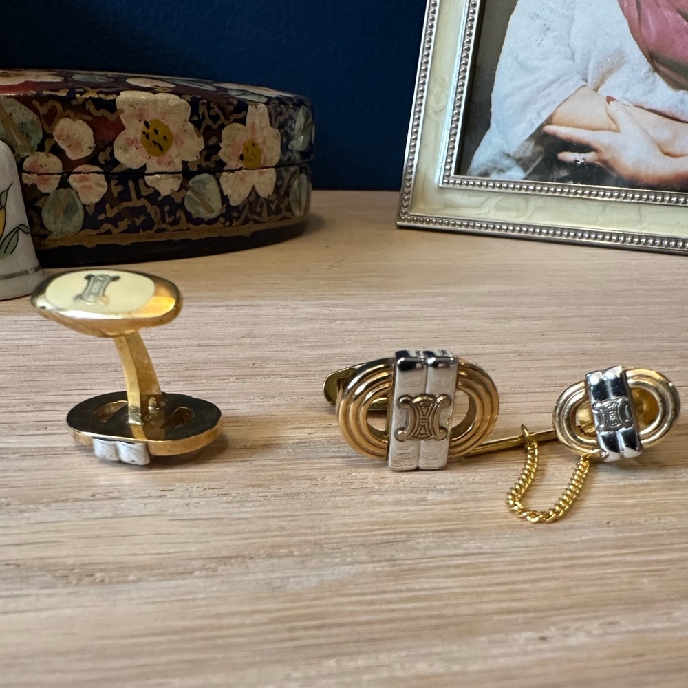 Celine Vintage Paris Logo Cufflinks & Tie Tack Set – Gold & Silver Tone - Picture 5 of 5